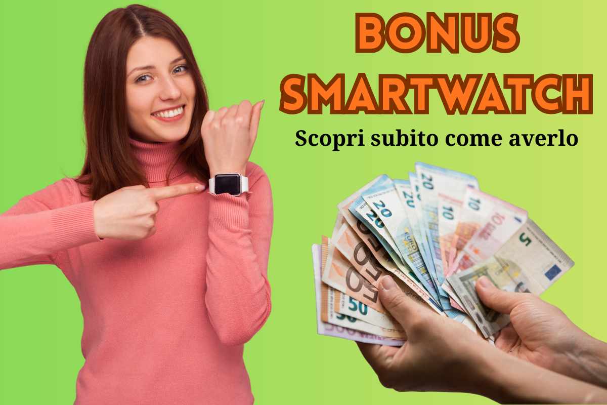 ragazza indica smartwatch, scritta e mano con soldi in contanti